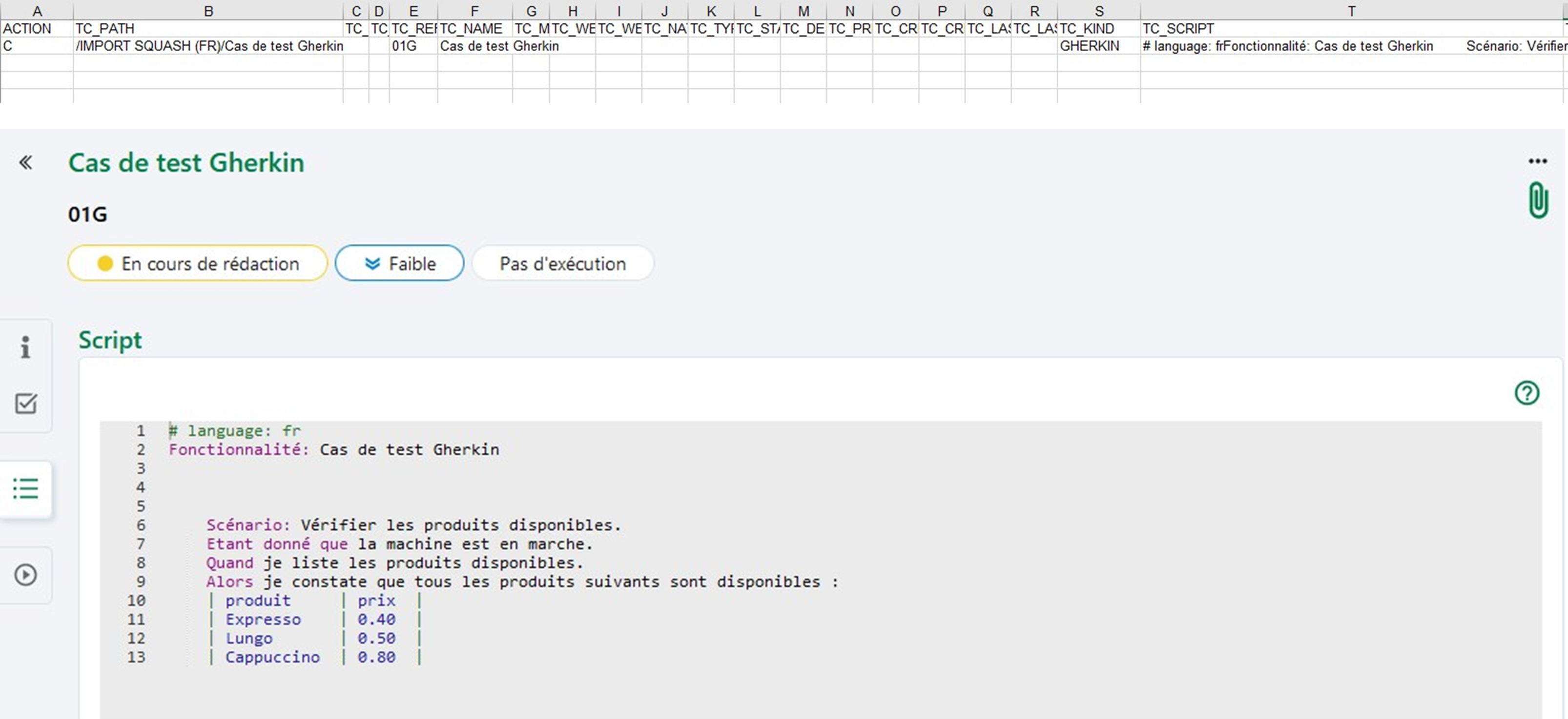 Importer un cas de test gherkin avec un script