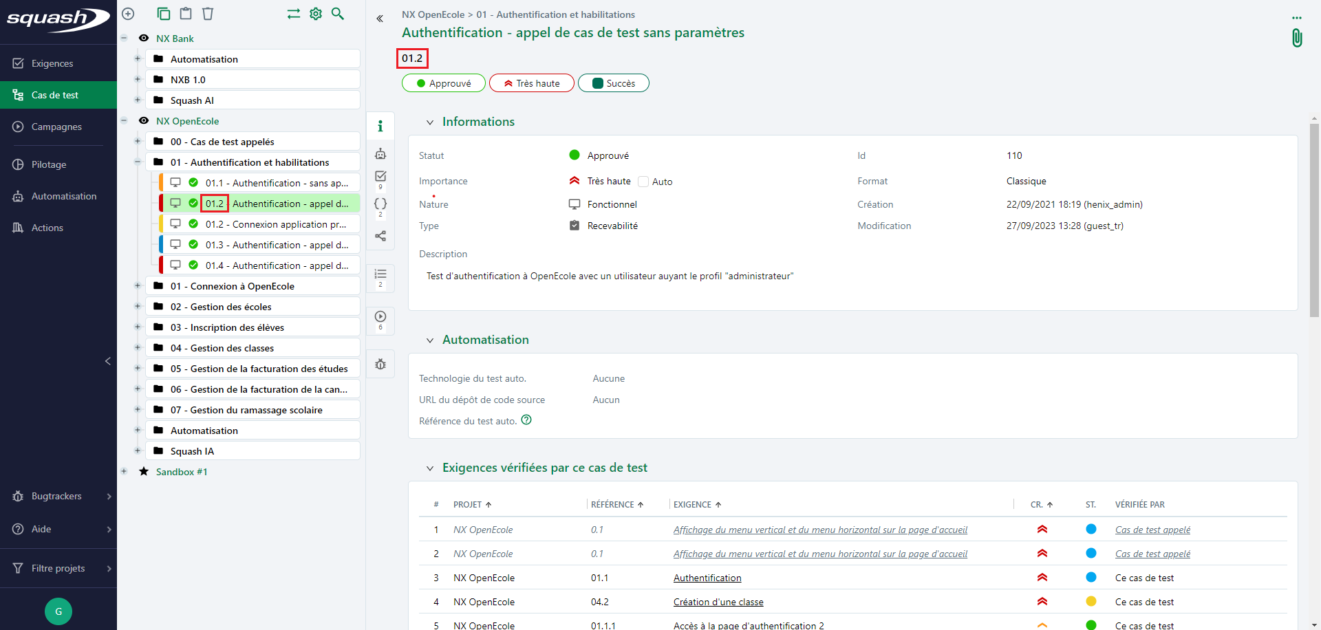 Reference de cas de test