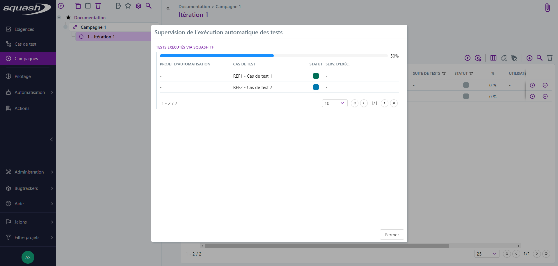 Pop-up de supervision de l'exécution automatique des tests